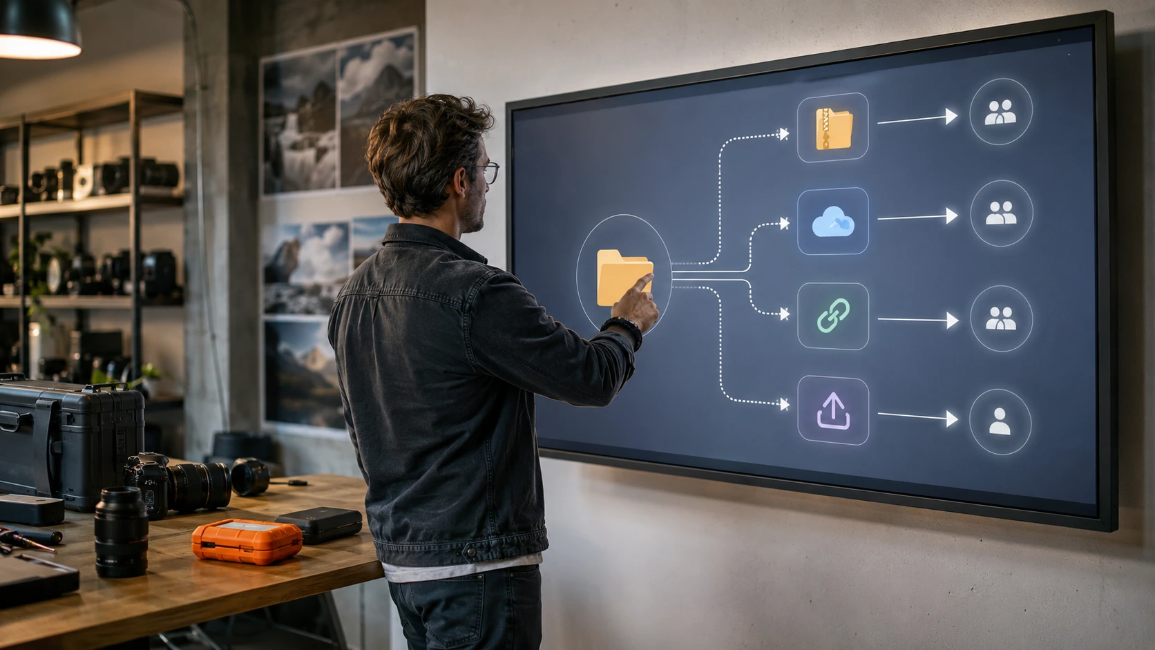 Person choosing between folder sharing methods on a digital workflow board