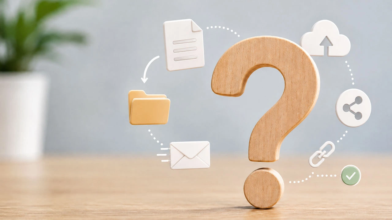 Question mark with file transfer icons for a file sharing FAQ section