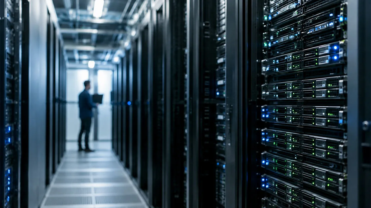 Realistic server room with rows of data servers and a technician working in the background.