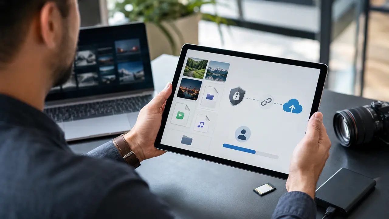 Person choosing secure file transfer options on a tablet