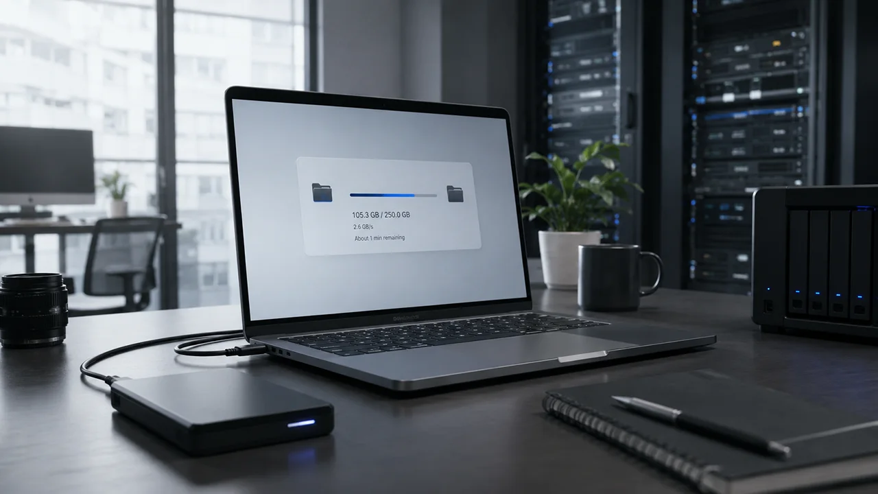 Large file transfer from a laptop in a modern tech workspace