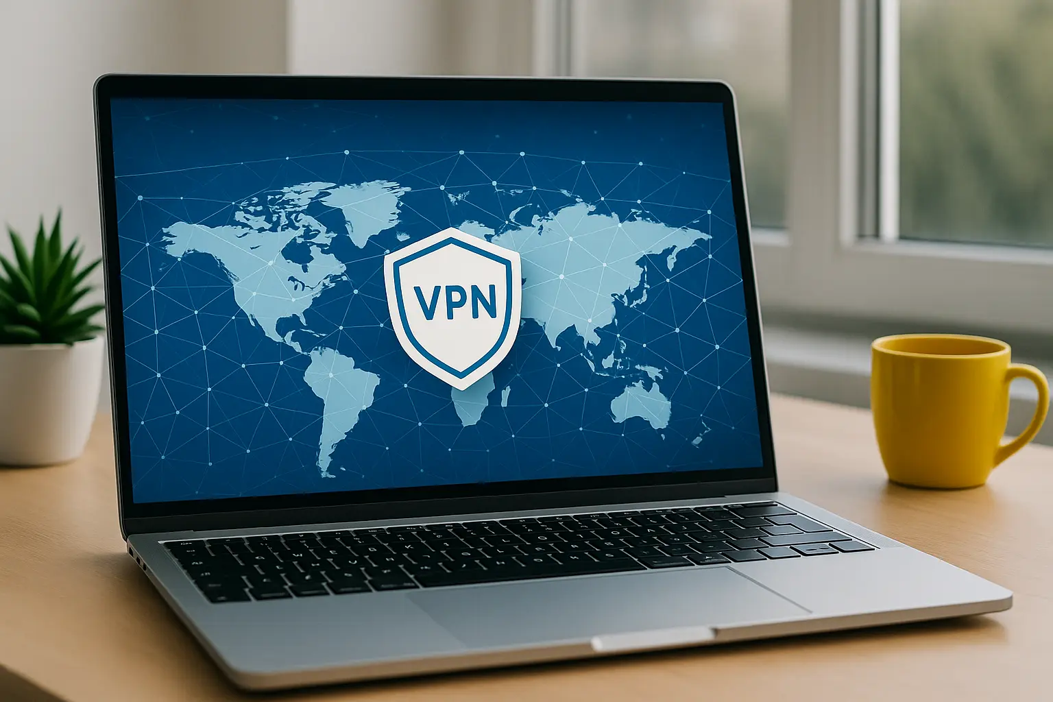 Laptop screen showing a VPN dashboard with global network connections and encrypted protection